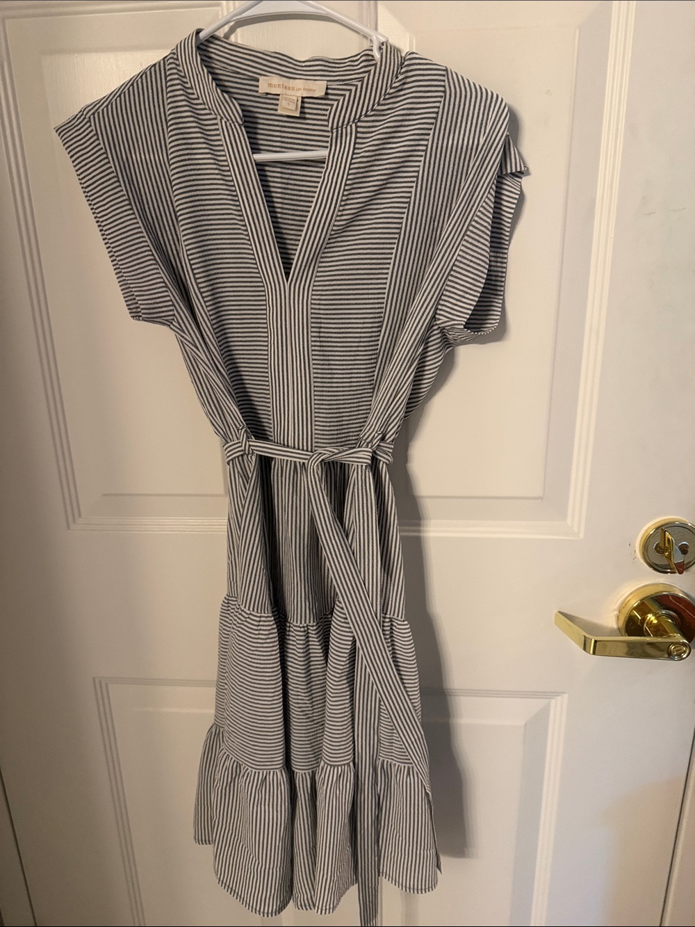 Monteau Black & White Striped Tie‑Waist Midi Dress